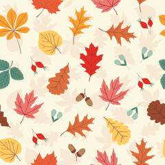 Vector fall seamless pattern with autumn leaves, acorns and rose hips in beige, yellow, red and green colors