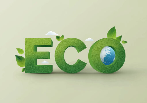 3D text &ldquo;ECO&rdquo; with green leaves and planet Earth on a light background, green energy concept