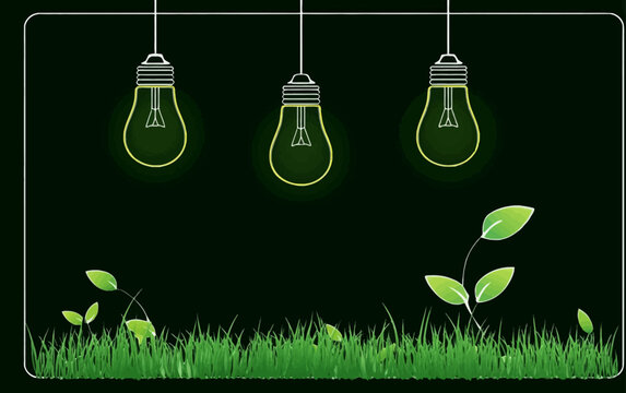 Light bulbs hanging from the top of green grass below with leaves and more space for text, ecology concept