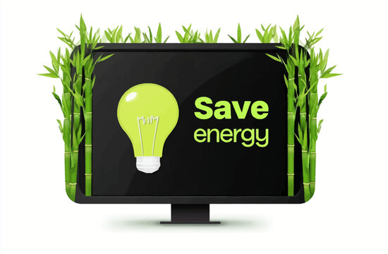A black TV screen with bamboo grass and light bulbs displaying the text &ldquo;Save energy&rdquo;