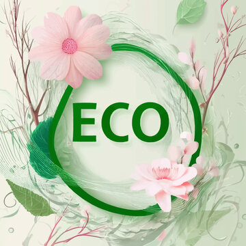 Eco-design with green leaves and pink flowers, with the word &ldquo;ECO&rdquo; on a bright light background, ecological theme