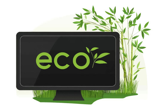 Black computer monitor with the words &ldquo;eco&rdquo; in green, with bamboo leaves and grass behind it