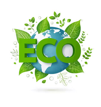 The word &ldquo;ECO&rdquo; is written on the ground, with green leaves and global environmental elements around it