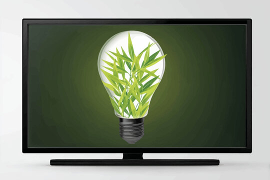 Light bulb with bamboo leaves on the monitor screen, ecology