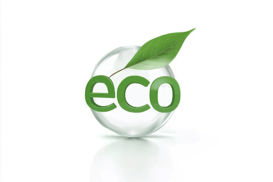3D logo of word &ldquo;eco&rdquo; with green leaf inside glass sphere on white background, ecological concept