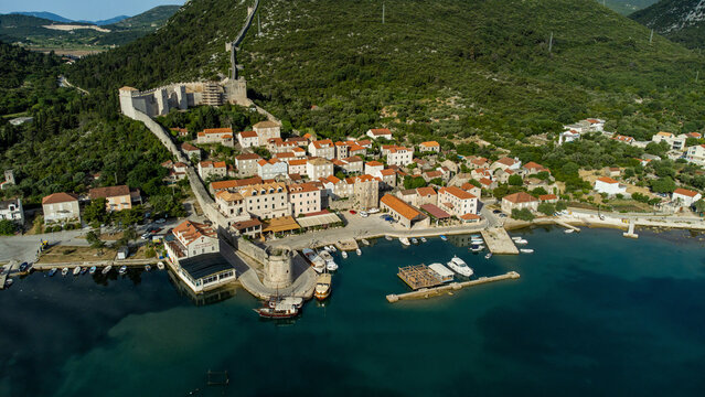 Aerial view of mali ston with picturesque architecture and scenic coastline, Ston, Croatia.