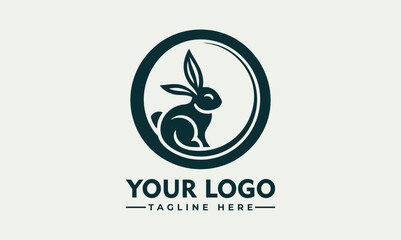 Minimalist rabbit sitting inside circular emblem in side profile, stylized animal icon. Nature concept
