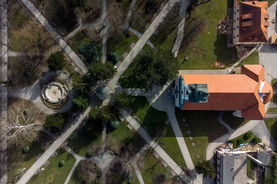 Aerial view of Petrinja one year after 6.3-magnitude earthquake with urban landscape, park, and trees, Petrinja, Croatia.