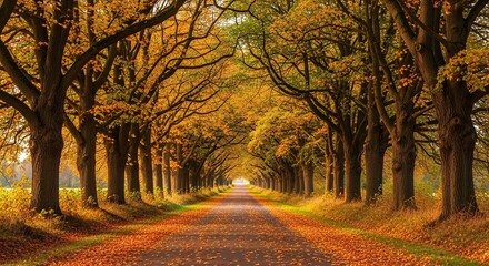 Autumn Tree Tunnel Road with Golden Leaves