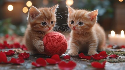 Two adorable ginger kittens playing with a red ball of yarn amidst rose petals and warm lights.