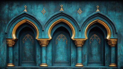 Fototapeta premium Teal wall with three gold arched alcoves.