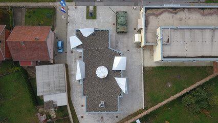 Aerial view of memorial home of Croatian veterans on Trpinjska cesta, Vukovar, Croatia.