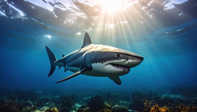 Great white shark swimming near the ocean floor with light beams symbolizing marine life, ocean predators and underwater exploration