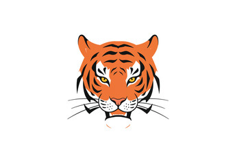 Tiger face logo in flat vector illustration style, orange and black stripes, fierce expression, minimalist.