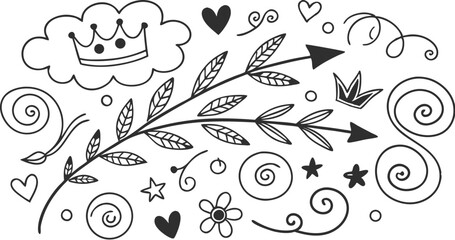Decorative doodles. Hand drawn pointing arrow, outline shapes and doodle frames. Ink signs decoration ornament. line curved arrow, heart. circle sketch isolated vector illustration symbols set.