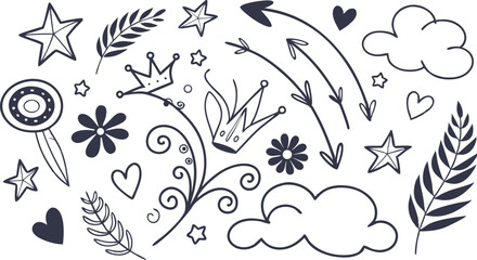 Decorative doodles. Hand drawn pointing arrow, outline shapes and doodle frames. Ink signs decoration ornament. line curved arrow, heart. circle sketch isolated vector illustration symbols set.