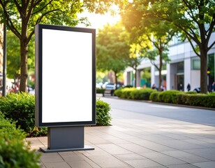 Blank billboard stands on a city sidewalk surrounded by green trees and bushes