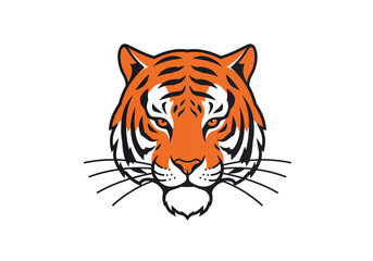 Fototapeta premium Tiger face logo in flat vector illustration style, orange and black stripes, fierce expression, minimalist.