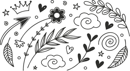 Decorative doodles. Hand drawn pointing arrow, outline shapes and doodle frames. Ink signs decoration ornament. line curved arrow, heart. circle sketch isolated vector illustration symbols set.