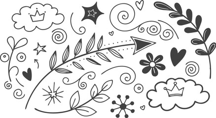 Decorative doodles. Hand drawn pointing arrow, outline shapes and doodle frames. Ink signs decoration ornament. line curved arrow, heart. circle sketch isolated vector illustration symbols set.
