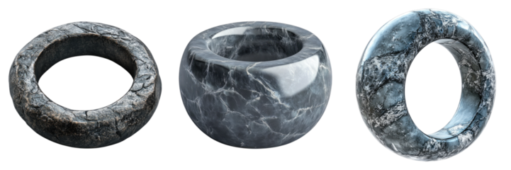 Three different types of rings made of stone
