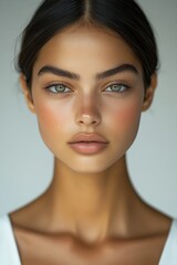 Fototapeta premium Young woman with stunning green eyes showcases natural beauty against a soft, neutral background in a striking portrait