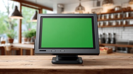Chroma key: A point of sale system with a green screen on a wooden counter in a blurred restaurant setting view front