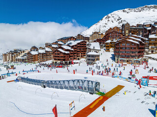 France - 04 April 2023: Aerial view of val thorens ski resort with snowy mountains and beautiful landscape, savoie, france.