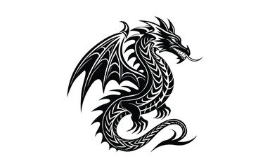 Mythical Dragon Tattoo Design in Bold Black Ink with Tribal and Fantasy Elements for Body Art, Sleeves, or Back Tattoos.