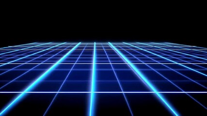 Perspective view of blue and white grid lines converging against a dark background, creating a virtual or futuristic feel - Powered by Adobe