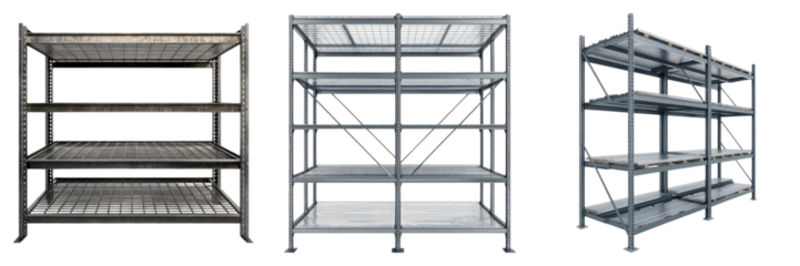 Three different types of shelving units are shown