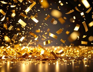 Golden Confetti and Sparkle Explosion Background with Bokeh and Dark Gradient – Festive Celebration Theme