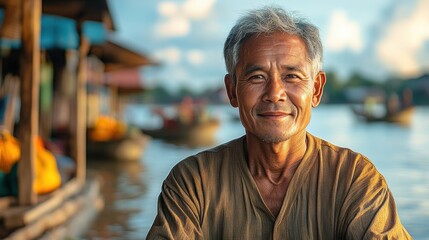 Portrait of a smiling older man at a thai floating market near the water at daytime