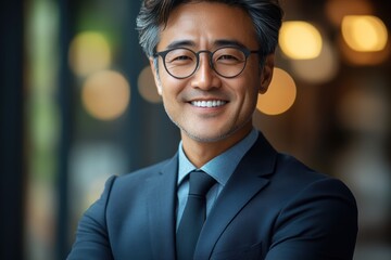 Fototapeta premium Portrait of smiling asian businessman wearing glasses and a suit posing indoors with arms crossed in an office or studio environment