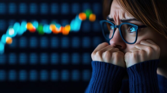 Anxious woman watches stock market data on a dark monitor during an evening at home