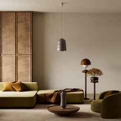 Tranquil earth toned living room with modern minimalist design. 3D illustration