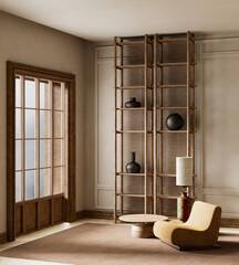 Minimalist living room with warm earthy tones. Serene minimalist lounge. 3D illustration