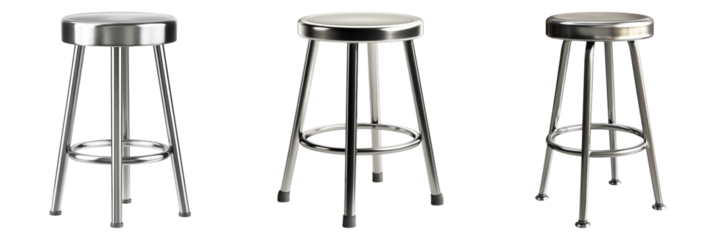Three metal stools with a silver finish