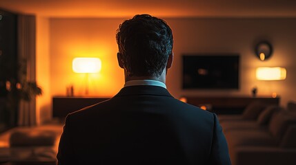 Mysterious figure in a suit stands in a dimly lit room illuminated by warm lamps in the evening, capturing a moment filled with intrigue and anticipation