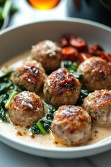 Savory meatballs served on a bed of spinach with roasted tomatoes in a creamy sauce at a cozy dining table