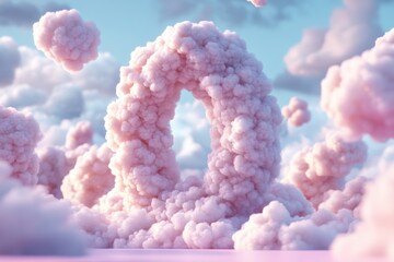 Soft pink clouds form a whimsical arch in a bright blue sky, creating a dreamy atmosphere during late afternoon