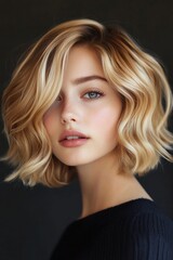 Naklejka premium Stunning portrait of a woman with wavy blonde hair showcasing natural beauty in a soft, studio-lit setting