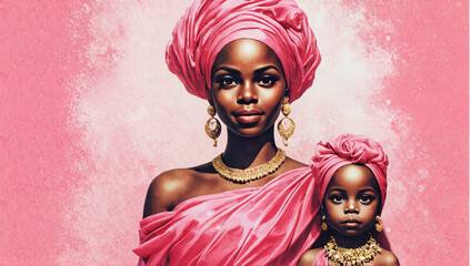 Artistic portrait of an African mother and daughter in pink headwraps and dresses, adorned with gold jewelry, against a textured pink background.