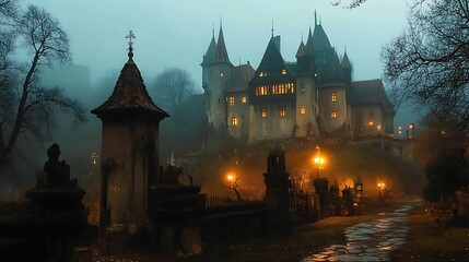 Obraz premium A magnificent castle stands majestically amidst a misty graveyard at twilight.