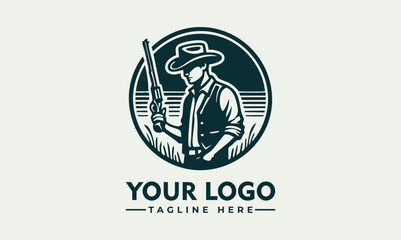 Western cowboy man wearing wide-brimmed hat and vest inside circular emblem with confident posture. People concept
