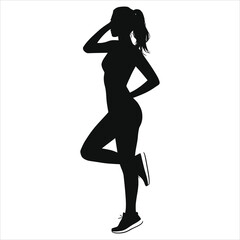 (Sneakers trainers)Fit and Stylish Woman Vector Silhouette in Activewear/A sleek silhouette of a woman in athletic wear, standing in a dynamic pose.
