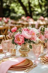 Elegant outdoor table setting with pink floral arrangements, gold accents, and delicate glassware in a garden during a sunny afternoon gathering