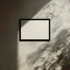 horizontal black picture frame with blank white artwork 32 ratio hanging on a natural textured wall soft natural daylight no props minimal composition photor