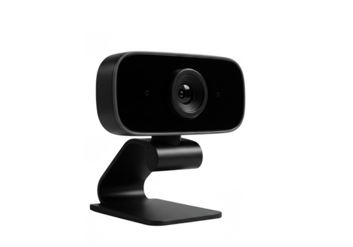 Close up of a black webcam with a stand against a dark background in studio shot isolated on transparent background