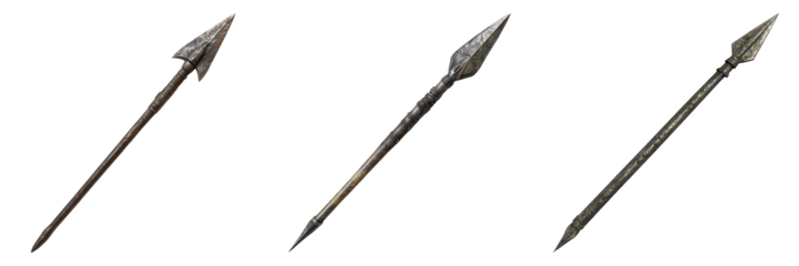 Three long, thin, silver spears are shown in a row